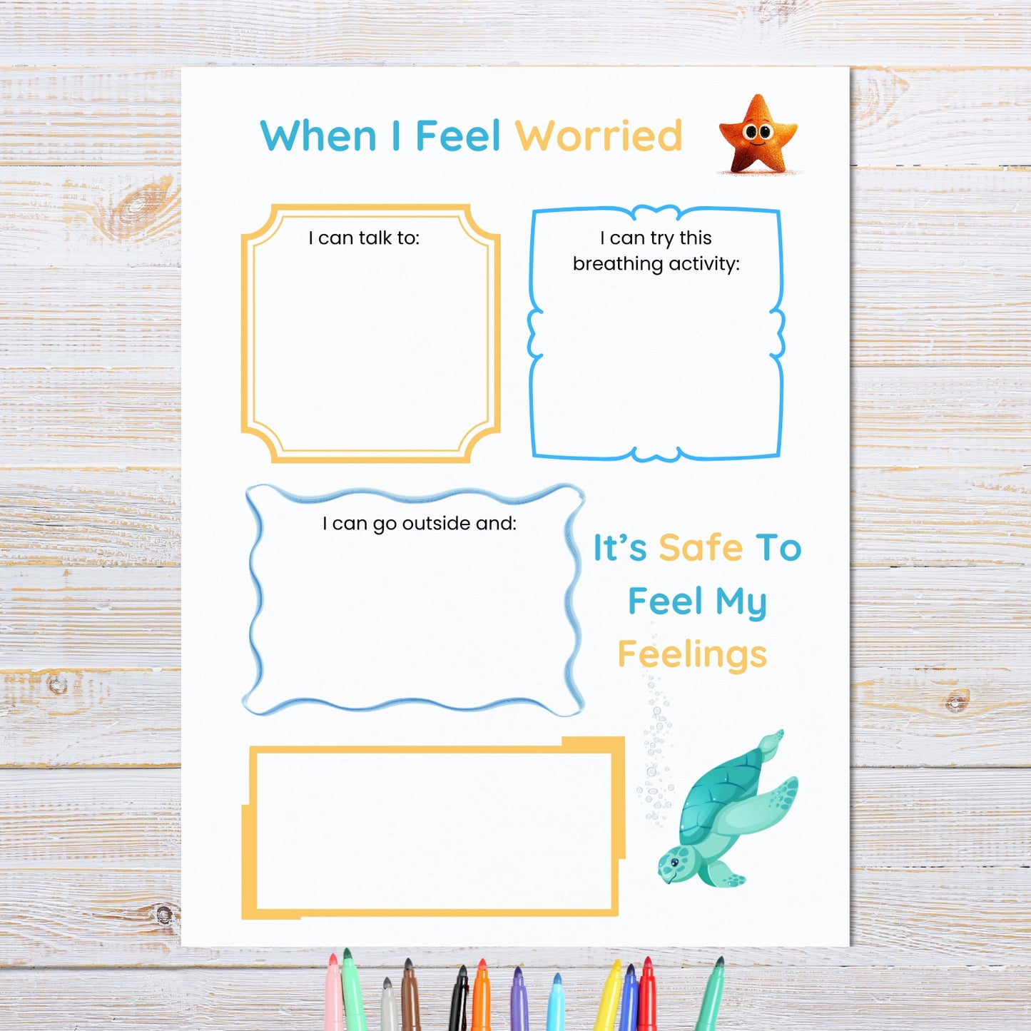 Educational poster for children on managing worries with colorful text and graphics on a wooden surface.