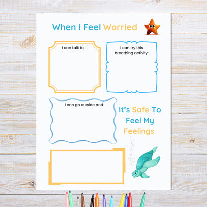Educational poster for children on managing worries with colorful text and graphics on a wooden surface.