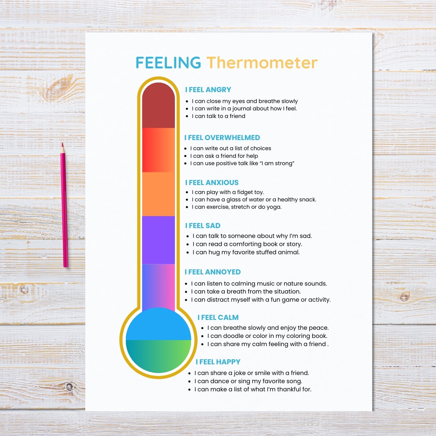 Feeling thermometer chart on a wooden surface with a pencil