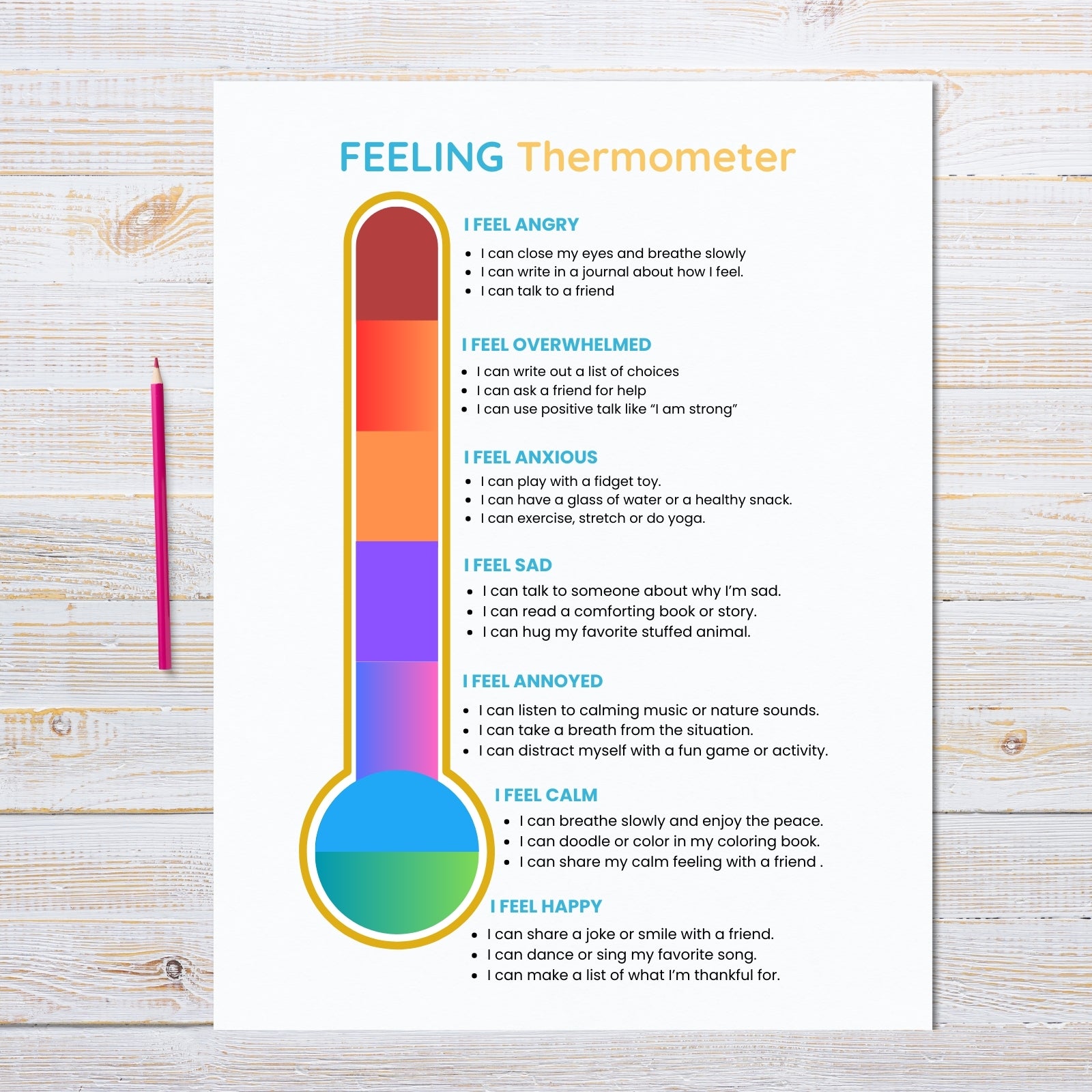 Feeling thermometer chart on a wooden surface with a pencil