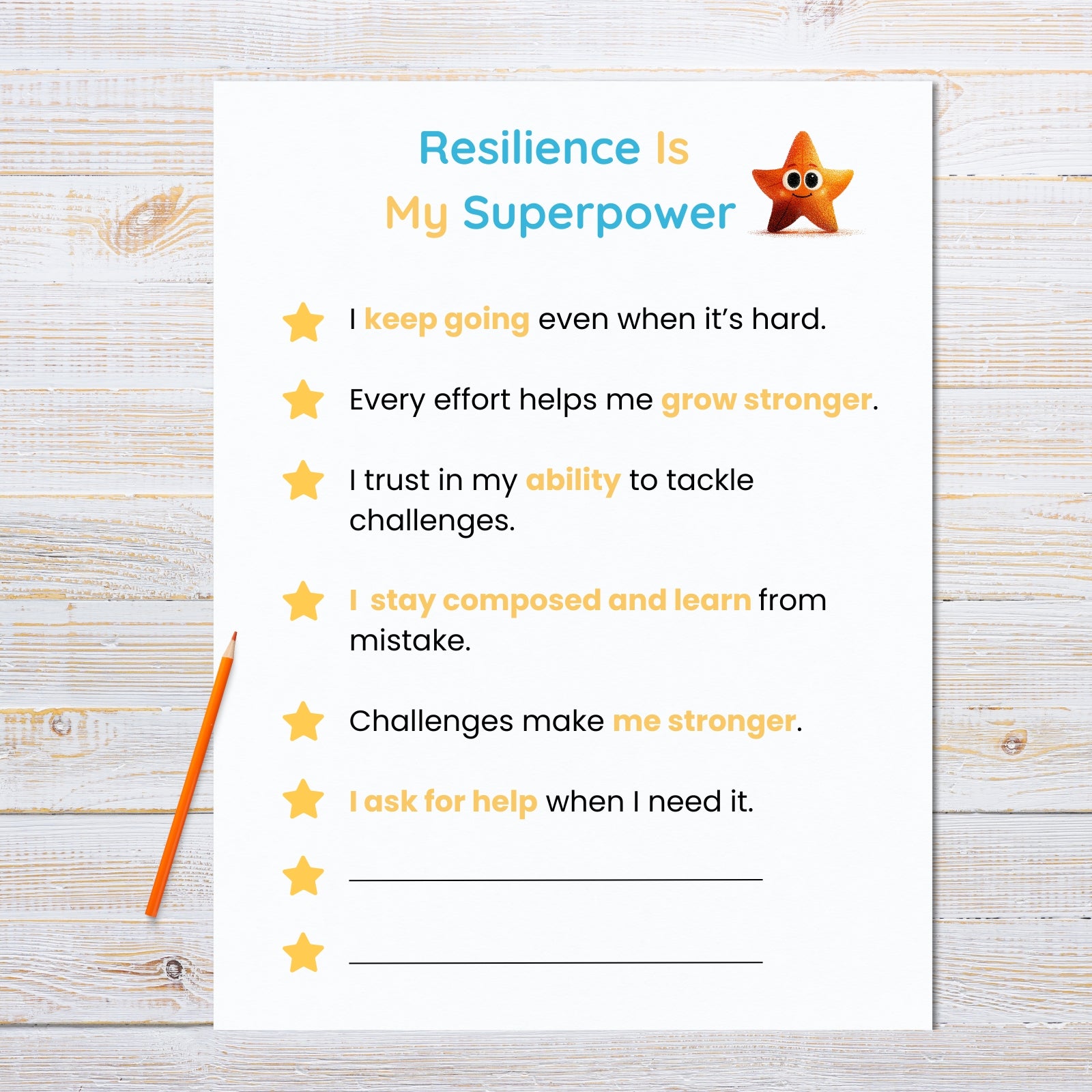 Sheet of paper with resilience statements on a wooden surface with a pencil.