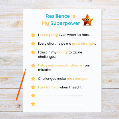 Sheet of paper with resilience statements on a wooden surface with a pencil.