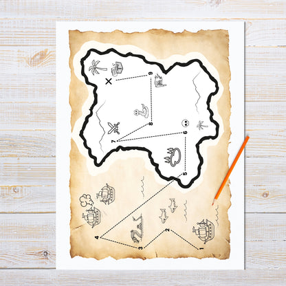 Pirate treasure map on a wooden surface with a pencil