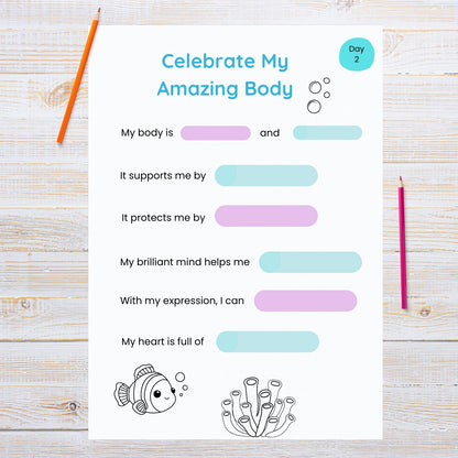 Worksheet titled 'Celebrate My Amazing Body' on a wooden surface with two pencils.