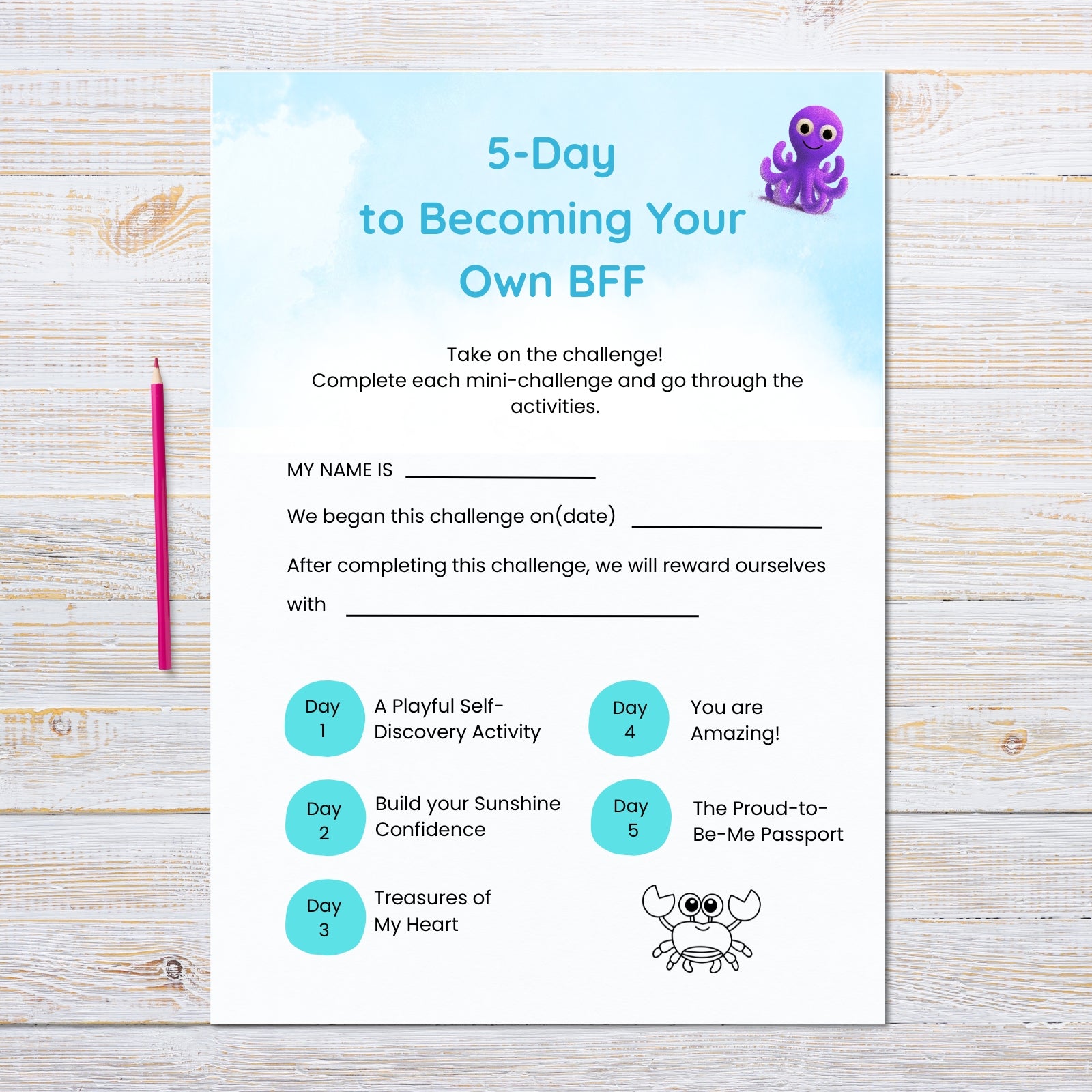 Sheet titled '5-Day to Becoming Your Own BFF' on a wooden surface with a purple pencil.