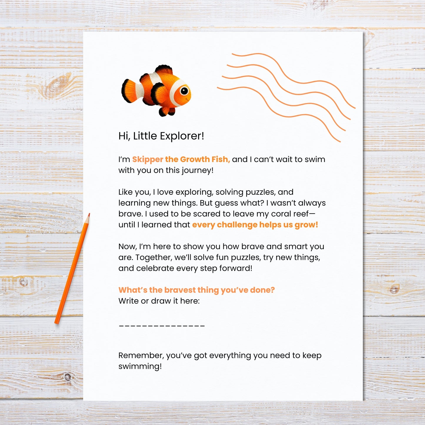 Educational worksheet with a cartoon fish character on a wooden surface