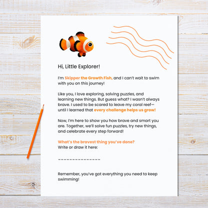 Educational worksheet with a cartoon fish character on a wooden surface