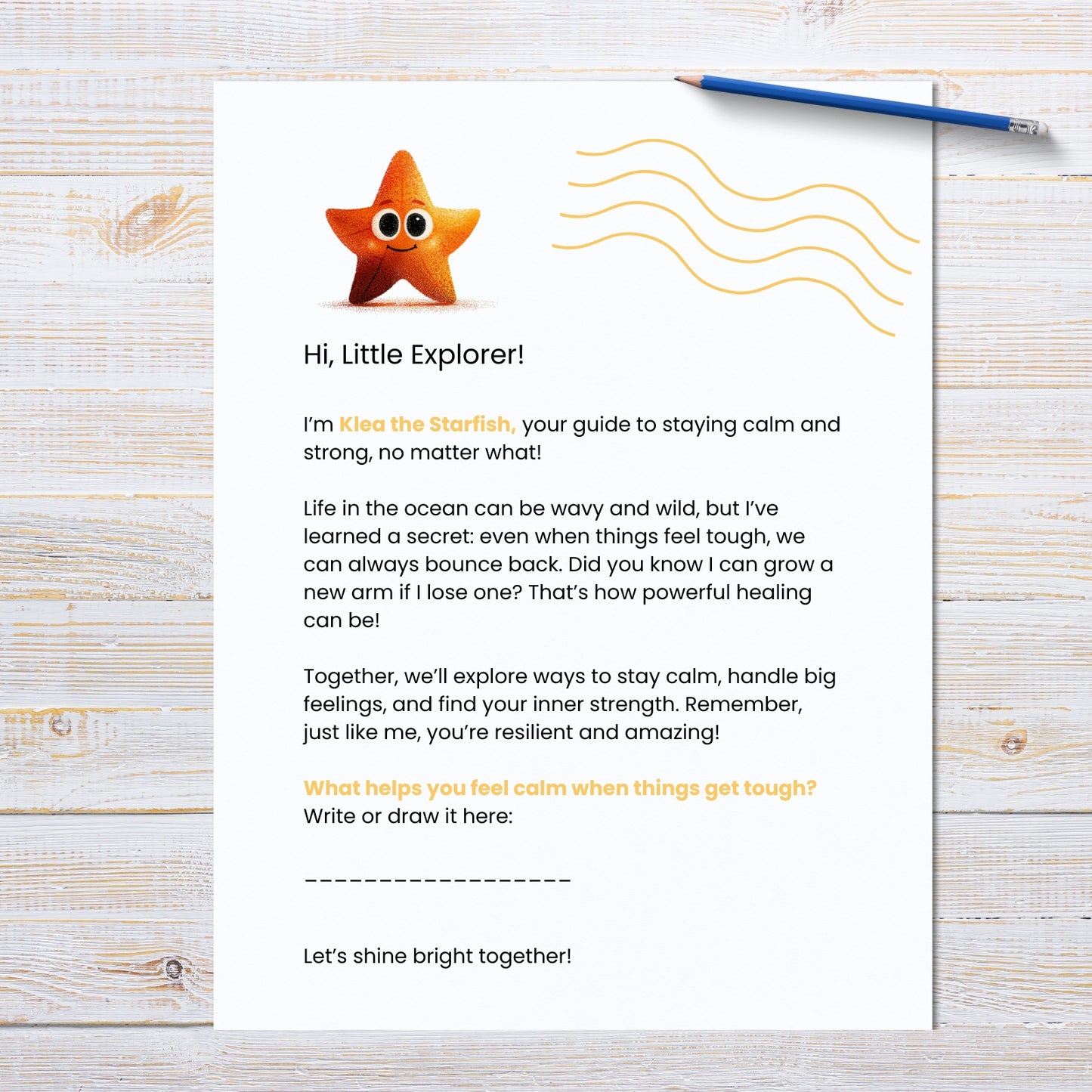 Starfish-themed activity sheet on a wooden surface with a pencil