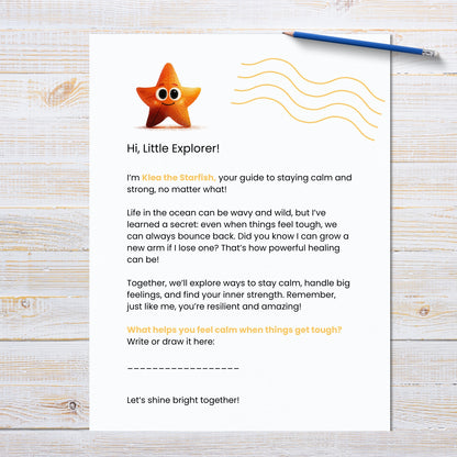 Starfish-themed activity sheet on a wooden surface with a pencil